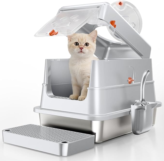 Stainless Steel Cat Litter Box with Lid, Small Enclosed Metal Litter Pan for Kittens & Small Animals, Full Flip Cover Litter Box Include Scoop & Step, Leak Proof Easy Clean Odor Control, Grey