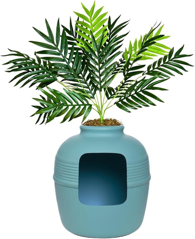 Good Pet Stuff Hidden Litter Box Planter, Decorative Cat Litter Enclosure with Carbon Filter, Artificial Plant, Easy Clean, Improved Design, Round Style, Base Kit, Coastal Blue