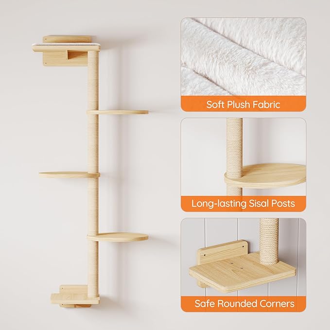 HOOBRO Wood Cat Wall Shelves for Large Cats, 11-Piece Cat Wall Furniture, Wall-Mounted Shelves with House, Hammock, Ladder, Scratching Posts and Step, Climbing Wall for Multiple Cats, Natural NL46CS03