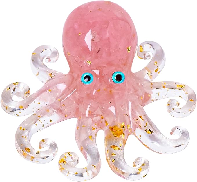Octopus Decor Aquarium RoseQuartze Gravel Decorative Resin Glass with Natural Crystal Stone Marine Animals Fish Tank Ornaments Statue Healing Home Decor Ladies Gift 3.93"