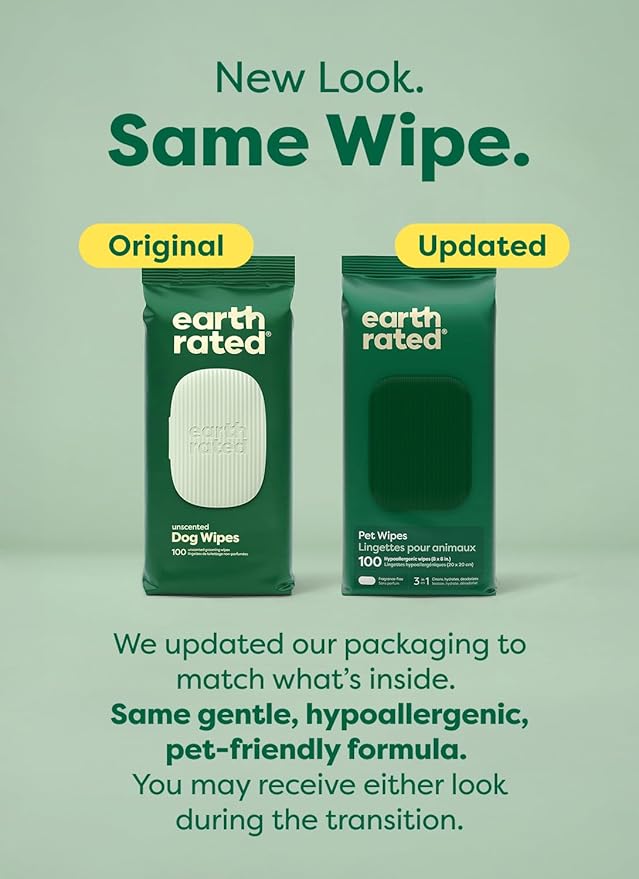 Earth Rated Pet Wipes for Dogs and Cats, Hypoallergenic, 3-in-1 Cleaning, Deodorizing and Hydrating, for Grooming Paws, Body and Butt, Unscented, 100 Count