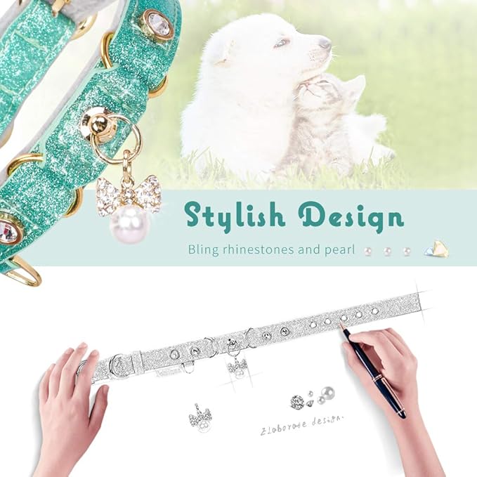 PetsHome Cat Collar, Dog Collar, [Bling Rhinestones] PU Leather Adjustable Pet Collar with Luxury Pendant for Cat and Small Dog Extra Small Mint Green