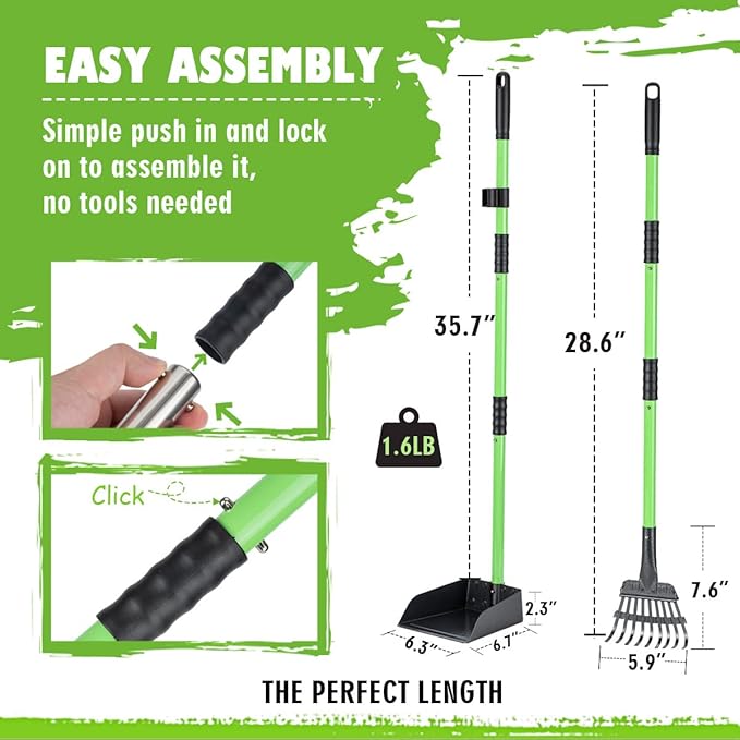 MXF Pooper Scooper, Dog Pooper Scooper Long Handle Stainless Metal Tray and Rake Set for Medium Small Dogs Heavy Duty - Use on Grass, Dirt or Gravel - Pet Supplies (Green)