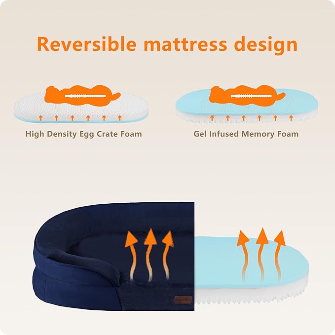 Dwanton Orthopedic Dog Bed for Large Dogs with Gel Memory Foam, Waterproof Dog Sofa, Washable Pet Bed with Four Sided Bolster Cushion, Removable Cover & Non-Slip Bottom, 42", Navy Blue