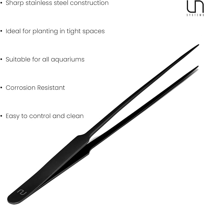 UNS Aquascaping Tools - Stainless Steel, Rust Resistant, Freshwater Planted Tank, Saltwater Reef Aquarium Maintenance Accessory - Planting, Coral Setting - Straight Pinsettes, Black