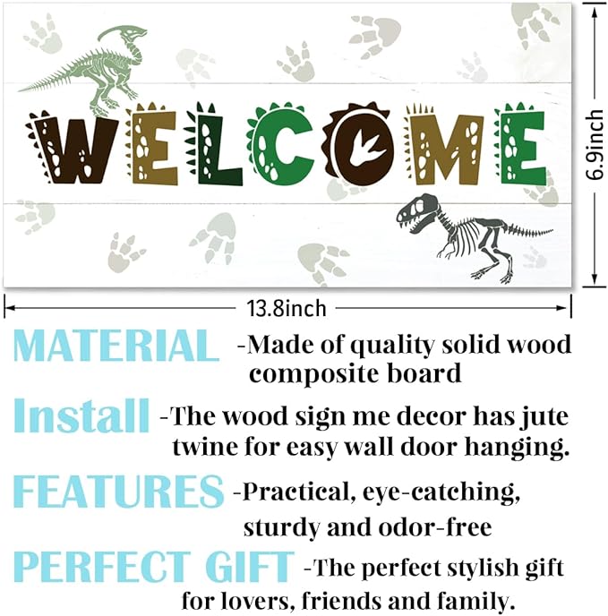 Welcome Sign for Front Door, Playroom Wall Decor, Dinosaur Theme Wall Hanging Decor, Gift for Dinosaur Lover, Funny Wooden Outdoor Front Door Hanging Decoration 13.8X6.9 inches