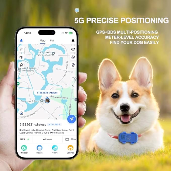 GPS Tracker for Dogs with Activity and Wellness Monitoring, Real-time Tracking Pet GPS Location Tracker, Waterproof，Location History, Geofence, Long-Life Battery, Subscription Needed