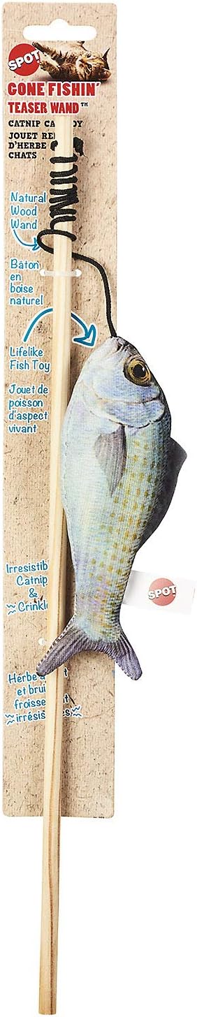 SPOT Fanatic Fish Teaser Wand for Cats – Realistic Fish Cat Toy with Catnip and Crinkle, Interactive Wand Toy for Batting, Swatting, and Chasing Play, Assorted Styles