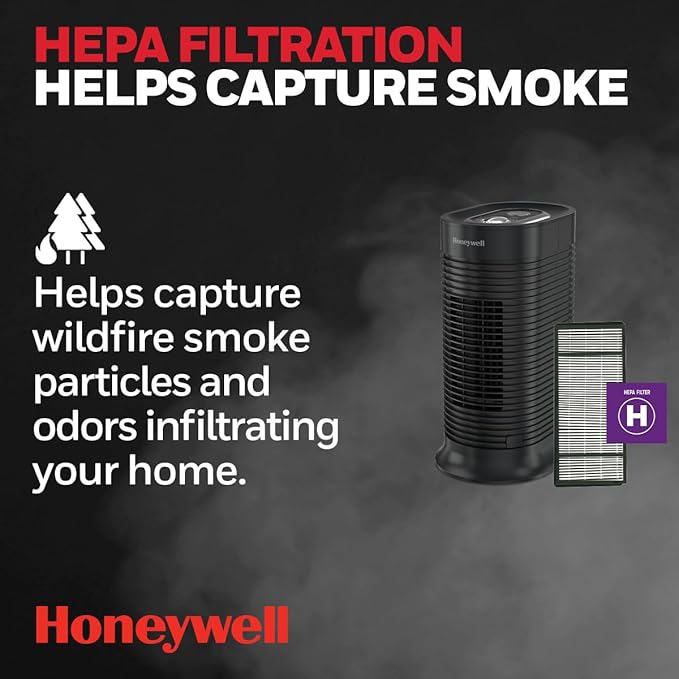 Honeywell HPA060 HEPA Tower Air Purifier, Airborne Allergen Reducer for Small Rooms (75 sq ft), Black - Wildlfire/Smoke, Pollen, Pet Dander, and Dust Air Purifier