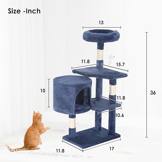 PayLessHere Cat Tree 36in Cat Tower with Cat Scratching Post, Cat Condo Stand House Furniture Kitty Activity Center with Furry Toys Cat Tree for Indoor Cats,Navy Blue