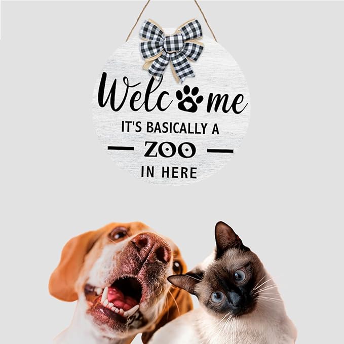 Welcome It's Basically a Zoo in Here Sign,Funny Pet Front Door Sign,Welcome Zoo Wooden Hanging Wall Plaque for Porch Outdoor Pet Lover Owner Gift,Dog Signs for Home Decor,13.7''×13.7''