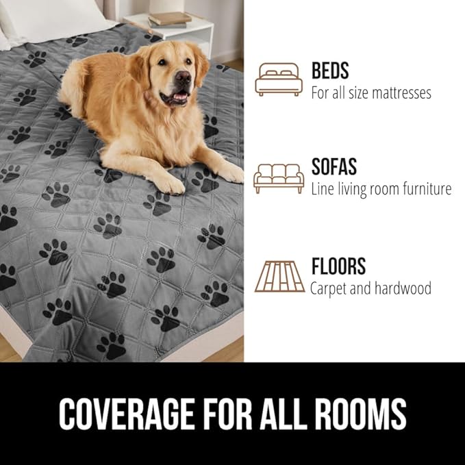 GORILLA GRIP Waterproof Bed Cover for Dogs, 82x68, Gripped Slip Resistant Backing, Leak Proof Washable Dog Blanket Covers Sofa, Couch, Sectional, Crate, Car, RV Seats, Pet Puppy Essentials, Gray Paw