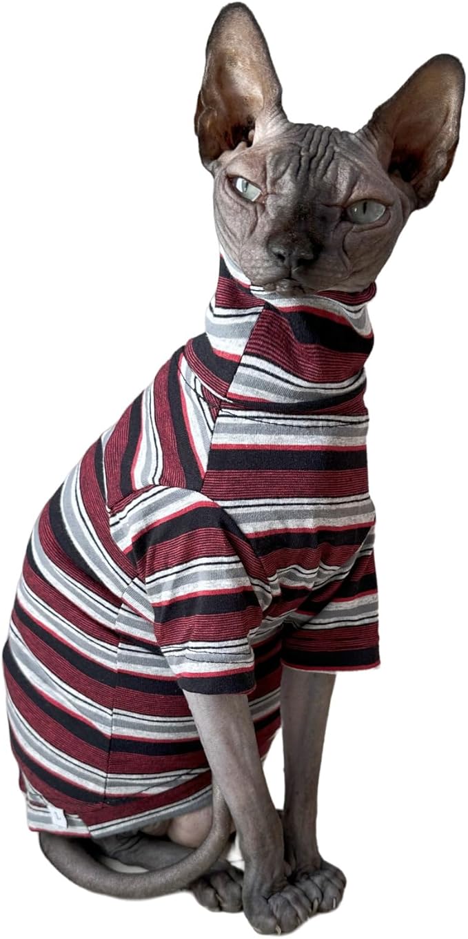 Vintage Stripes Sphynx Hairless Cats Shirt Cotton Cat Turtleneck Pet Clothes Kitten T-Shirts with Sleeves for Sphynx Cats (Old School, Small)