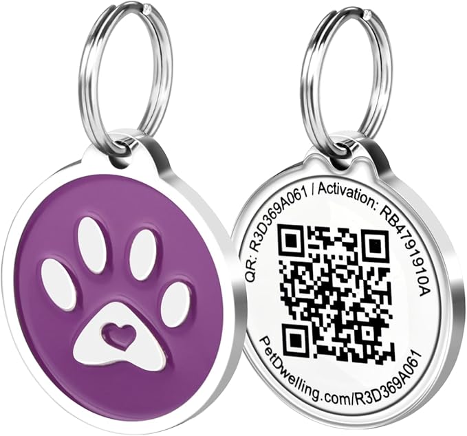 Pet Dwelling QR Pet Tag – Easy Scan Instant Location Alerts, Online Pet Profile with AI Feature for Dogs & Cats (Purple Paw)