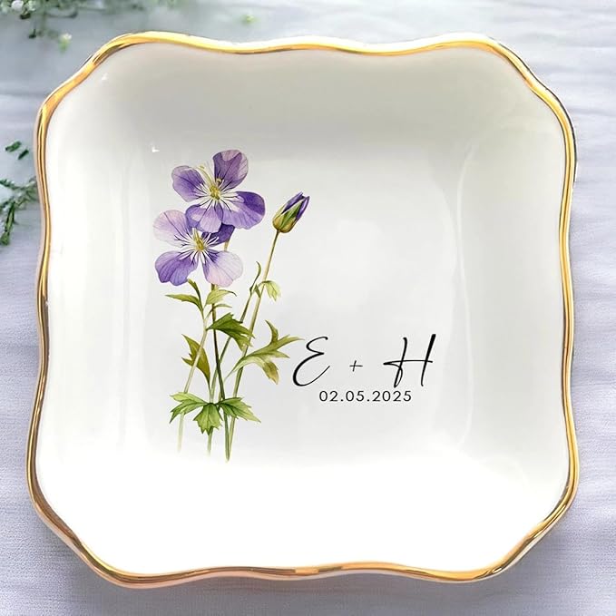 Personalized Floral Jewelry Dish, Engaged Ring Dish, Custom Trinket Dish Engagement Gift for Newly Engaged Couple, Mr and Mrs Ring Dish Just Married Valentines Gifts Keepsake