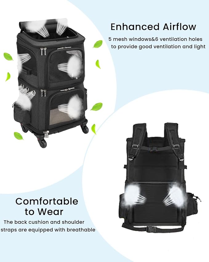 Double-Compartment Pet Carrier Backpack with Wheels for Small Cats and Dogs, Cat Rolling Carrier for 2 Cats, Perfect for Traveling/Taking a Walk/Trips to The Vet, Black