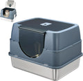 Stainless Steel Litter Box with Lid,Side Entry Large Litter Box,Enclosed High Sided Litter Boxes with High Sided Enclosure&Scoop,Anti-Urine Leakage Non-Sticky for Kitty&Medium Cats(Grey)