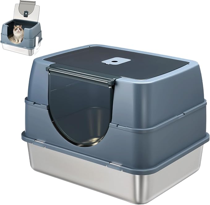 Stainless Steel Litter Box with Lid,Side Entry Large Litter Box,Enclosed High Sided Litter Boxes with High Sided Enclosure&Scoop,Anti-Urine Leakage Non-Sticky for Kitty&Medium Cats(Grey)