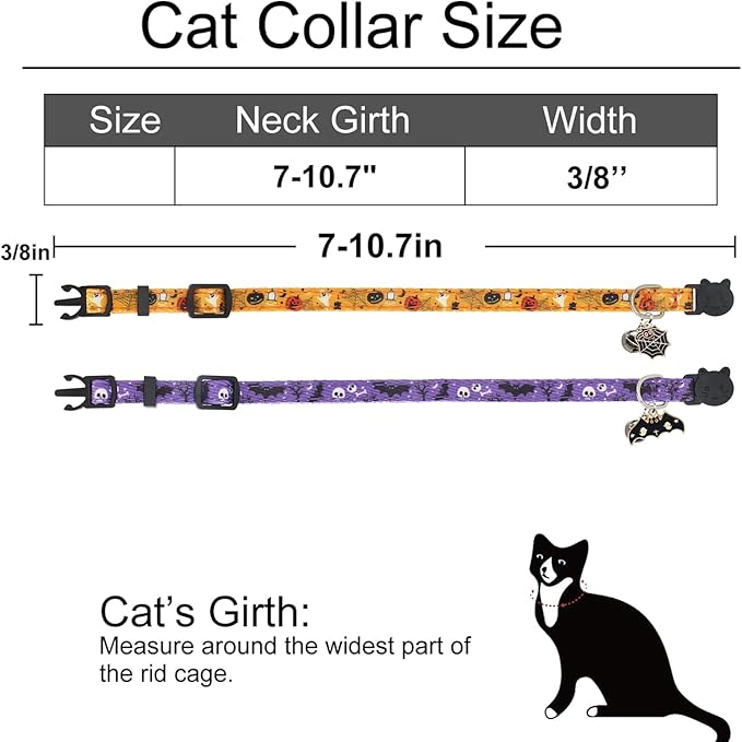 Halloween Cat Collar, Cotton 2 Pack Cat Collar with Bells, Breakaway Collars for Girl Boy Cats Kittens, Halloween Purple