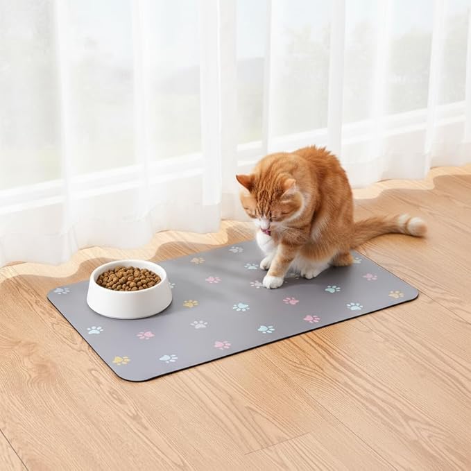 Cat Food Mat Absorbent Dog Mat for Food and Water Non Slip Quick Dry Dog Bowl Mats for Floors 19" X 12" Paw Light Gray