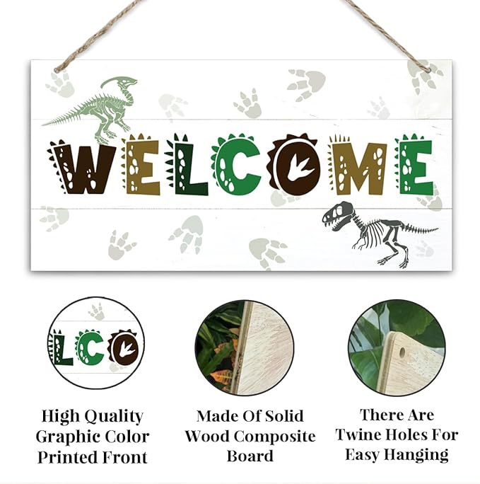 Welcome Sign for Front Door, Playroom Wall Decor, Dinosaur Theme Wall Hanging Decor, Gift for Dinosaur Lover, Funny Wooden Outdoor Front Door Hanging Decoration 13.8X6.9 inches