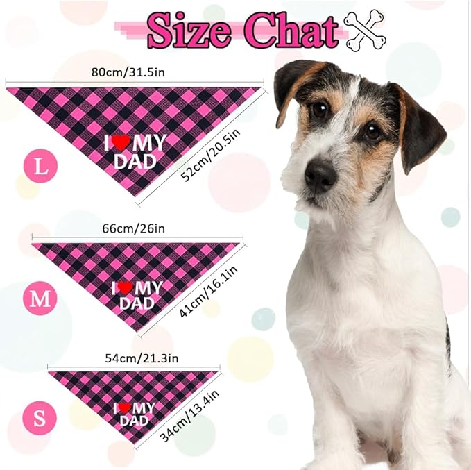 GreenJoy Cute Plaid Dog Bandana – Washable Pet Triangle Scarf for Small, Medium, Large Dogs and Cats, Adjustable Pet Accessory for Birthday, Wedding and Christmas (Pink (I Love My Dad), Small)