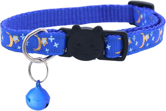 Set of 2: KioKatt Celestial Nylon Cat Collars with Matching Bells – Adjustable Breakaway Safety Collars for Adult Cats, 7–11" (Green + Blue)