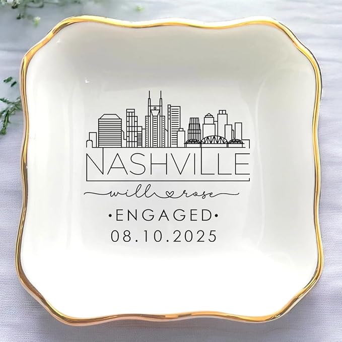 Custom City Skyline Engaged Ring Dish, Engagement Ring Holder, Custom Wedding Jewelry Dish, Jewelry Tray Gifts for Newly Engaged Couple, Trinket Dish Gift for Her Bride Wife