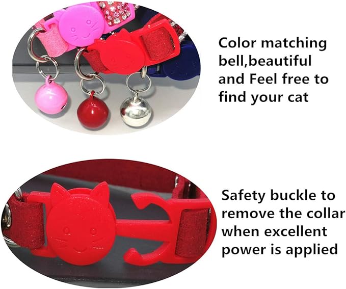 THAIN Basic Adjustable Cat Collar Bling Diamond Breakaway with Bell for Kitten Girl boy (Red)