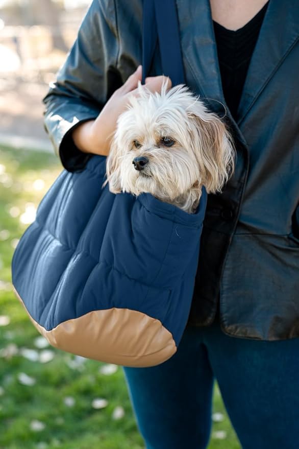 Plush Dog Purse Carrier for Small Dogs, Soft Dog Tote Bag with Safety Harness Clip, Cozy Pet Carrier for Dogs Under 15 lbs, Comfortable Dog Shoulder Carrier for Travel, Dark Blue