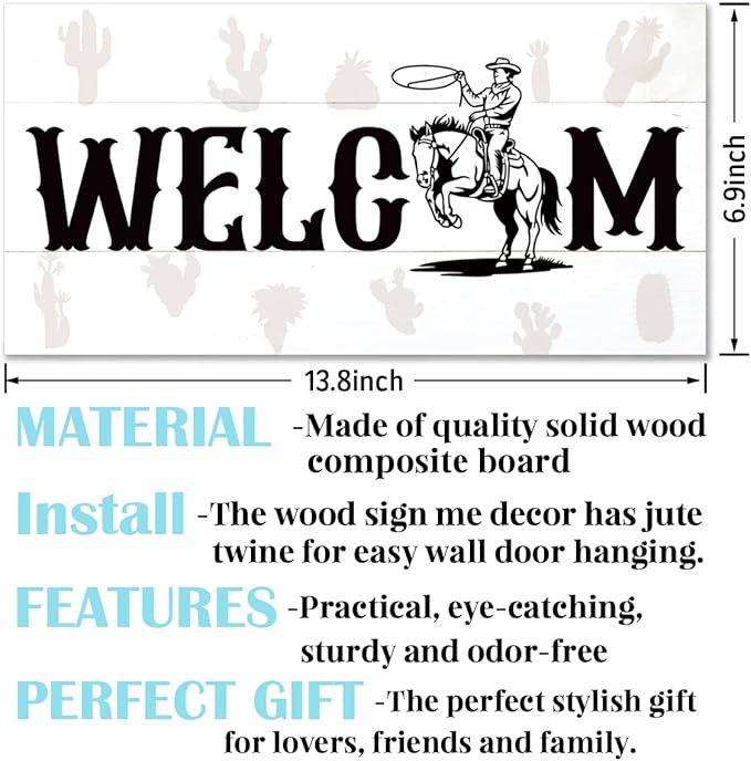 Welcome Sign for Front Door, Welcome Decor Wooden Hanging Sign for Wall Decor, West CowBoy Pattern Hanging Signs, Funny Wooden Outdoor Front Door Decoration 13.8X6.9 inches