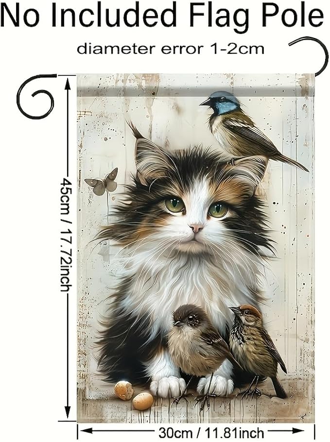 Cat and Birds Garden Flag 12x18 Inch Double Sided Outdoor Yard Banner Fluffy Kitten with Songbirds Design for Spring Summer Porch Lawn Home Decoration
