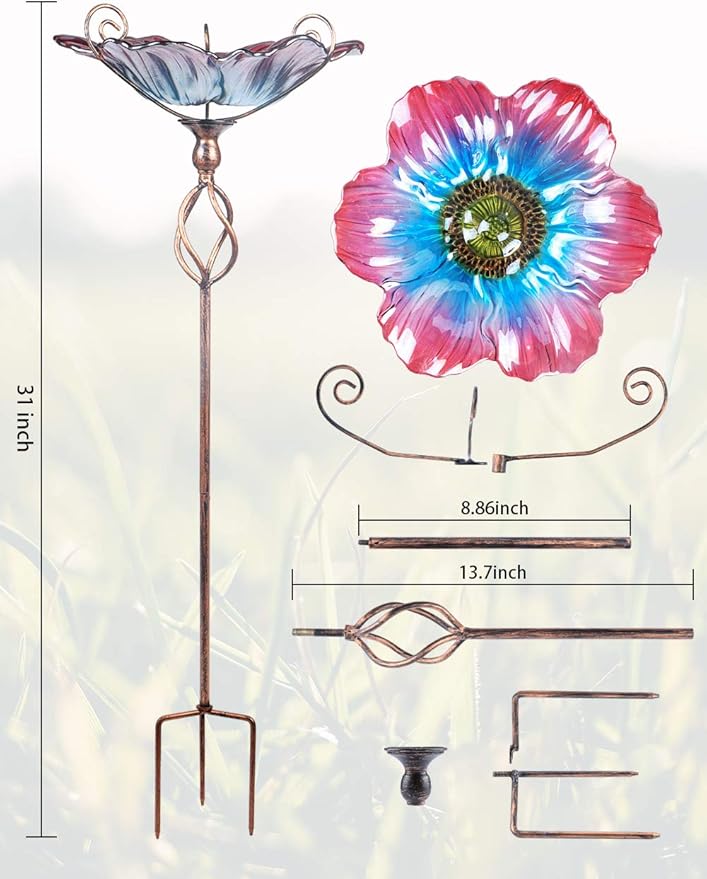 MUMTOP 31 Inch Height Glass Birdbath Birdfeeder with Metal Stake Garden Yard Outdoor