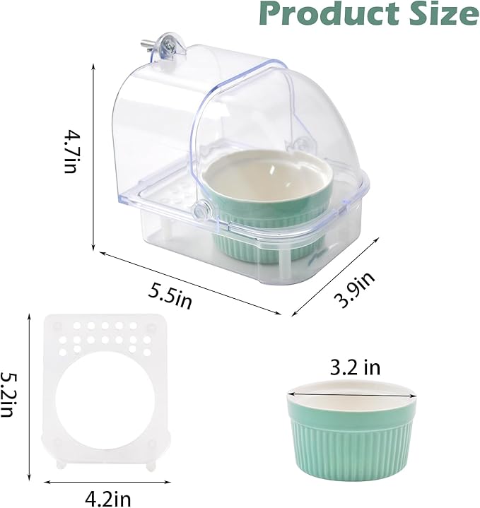 Bird Cage Feeder with Ceramic Bowl,2 in 1 No Mess Bird Feeder and Transparent Parakeet Bathtub with Bottom Drawer Hanging Tube Shower Box for Birds Budgies Parakeet Small Parrot Cockatiels