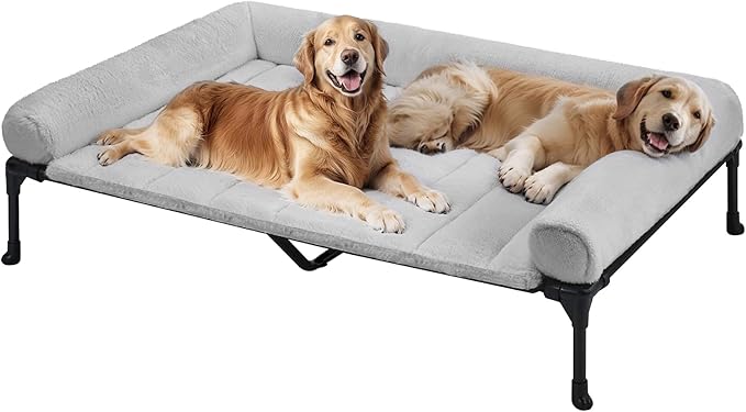 Veehoo Orthopedic Elevated Dog Bed with Fluffy Plush Bolster Cushion, Indoor Raised Dog Beds for Large Dogs, Soft Pet Sofa Cot with Removable Washable Mat, No-Slip Feet, 59 x 37 inches, Grey