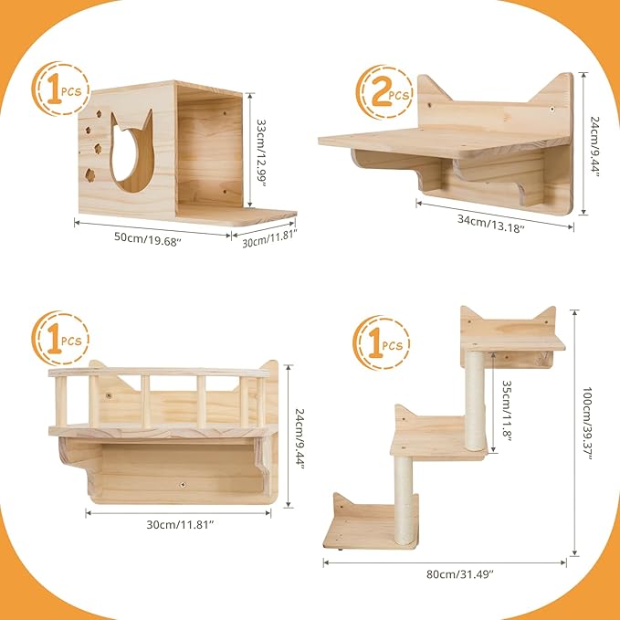 Cat Wall Shelves for Large Cats – Pine Cat Wall Furniture 9-Piece Climber Set with House, Ladder & Scratching Posts, Space-Saving, Sturdy, Supports Multiple Cats
