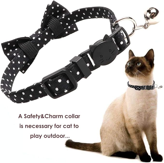 Cat Collar with Bell and Bow Tie, Breakaway Clasp Cute Dots Kitty Kitten Collar Set of 2 PCS(6.8-10.8in) (Black&Red Dots)