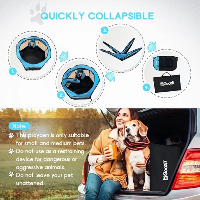 Dog Playpen Portable Collapsible, Indoor Outdoor Pet Puppy Exercise Playpens Case with Zipper Door Top Cover Floor for Large Cat Rabbit Travel Camping (Small Size, Black/Blue)
