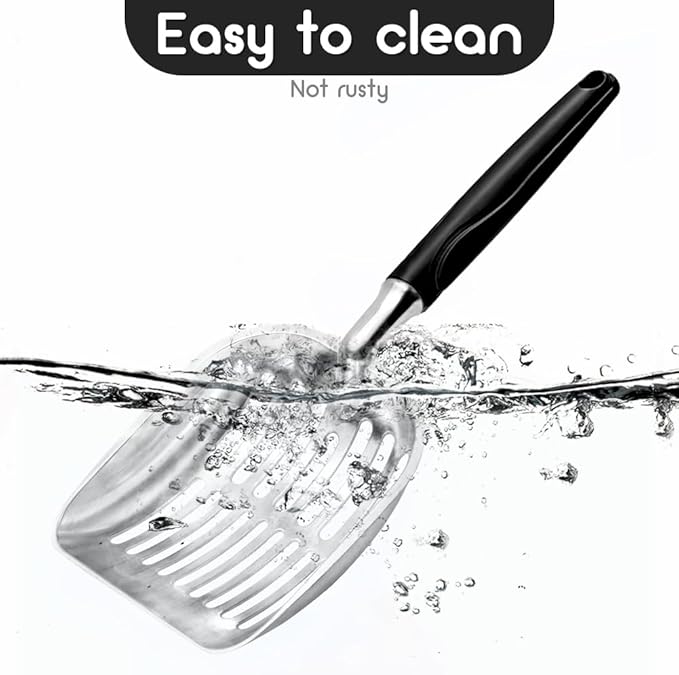 Cat Litter Scoop, Metal Cat Scooper, Plastic Handle Scoop, Sifting Shovel – Heavy Duty Aluminum Alloy Litter Box Scoop with Deep Mesh, Design for Easy Waste Removal and Cleaning, (Black)