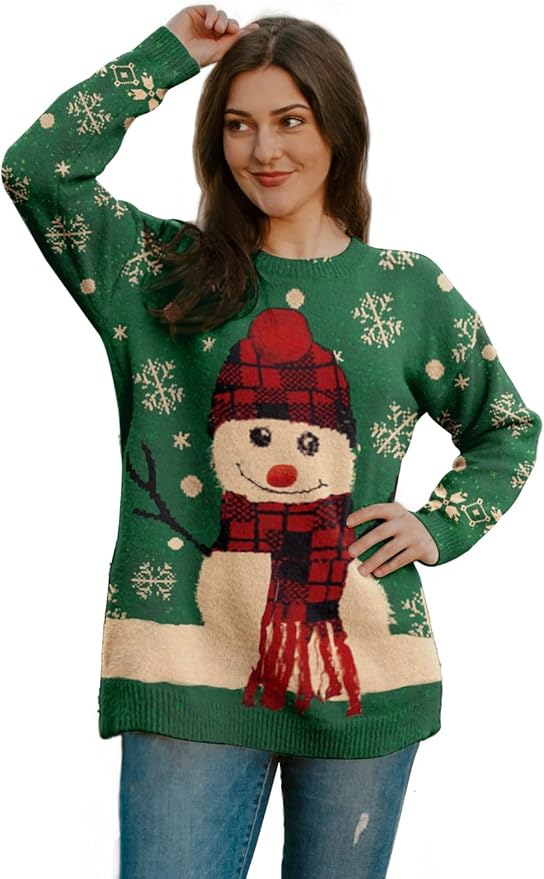 YESNO Women Christmas Sweater Graphic Printed Oversized Pullover Sweaters Casual Loose Knit Tops S01