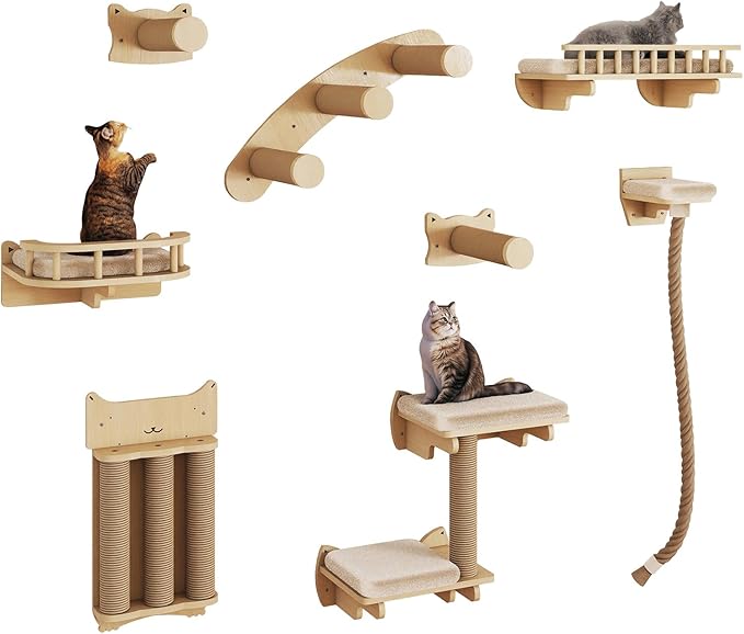 BYBYME Cat Climbing Wall Set Made of Natural Wood, 8 Pcs Sturdy Furniture with Scratching Posts, Kitten Platform, 100CM Sisal Rope and Cat Bed for Cats Sleeping, Playing, and Lounging（Natural Wood）