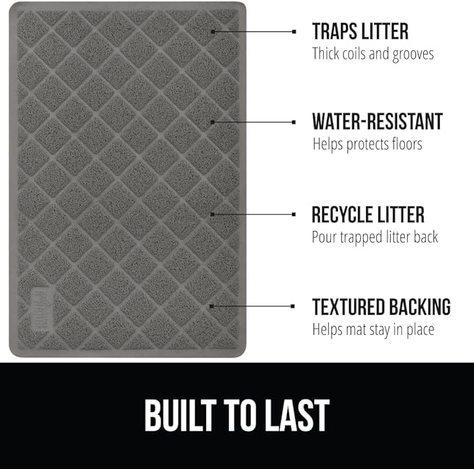 GORILLA GRIP Cat Litter Box Mat, 47x35, Water Resistant, US Designed Kitty Litter Trapping Mats, Easy to Clean, Scatter Control, Less Mess and Clean Floors, Kitten Supplies for Indoor Cats, Grey