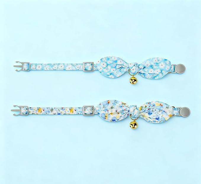 Bunny Ear Bowtie Cat Collar with Bell 2 Pack Cotton Breakaway Kitten Collars with Removeable Bow Stylish Cat Collars(Floral Blue)