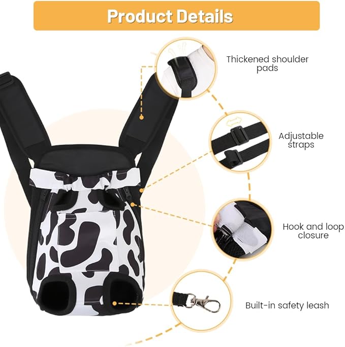 Inspack Dog Backpack Carrier/Cat Carrier, Adjustable Pet Front Carriers Travel Bag for Puppy Medium Dogs, Legs Out, Soft Ventilated Doggie Chest Carry Backpacks for Hiking/Camping, 4-7 lbs, Cow Print