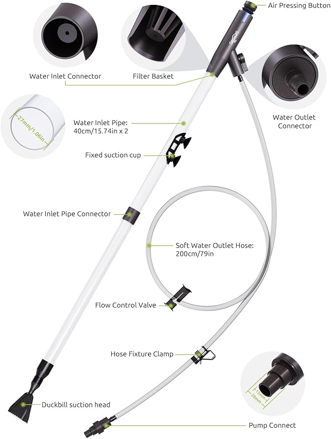 SEAOURA Aquarium Vacuum Gravel Cleaner Adjustable, Aquariums Siphon Fish Tank Cleaner, Manual Python Water Changer with Air Push Button, Fishtank Vacuums Cleaning Kit for Suck Manure Wash Sand