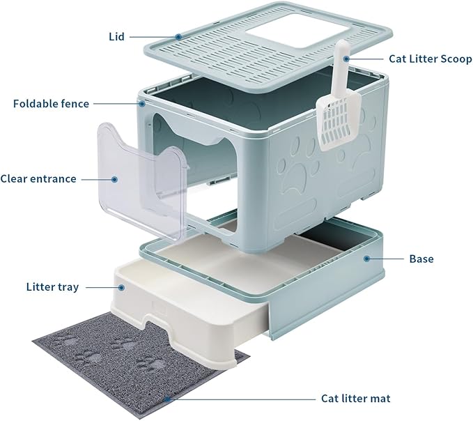 Cat Litter Box with Litter Mat and Scoop, Large Covered Litter Box with Lid, Front Entry Top Exit Kitty Box, Odor Control, Easy to Clean (Blue)