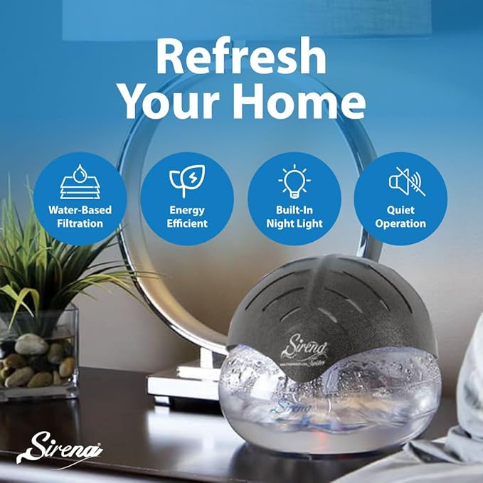 Sirena Twister Air Purifier (Black) - Water Filter Air Washer For Home and Office - Essential Oil Aroma Diffuser With LED Night light - Small Air Cleaner For Smoke and Pets