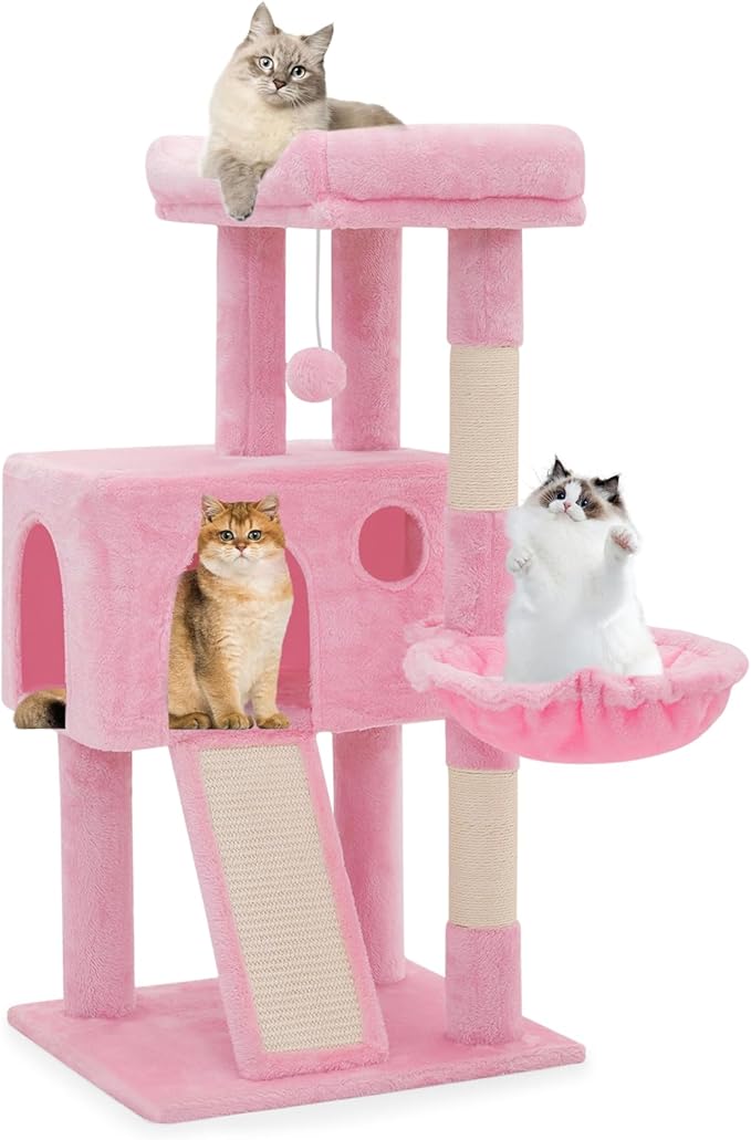 Athena Collection Cat Tree, 36 Inch Tall Cat Tree Tower for Indoor Cats, Multi-Level Cat Tower House Activity Center Climbing Tower with Cat Condo & Hammock & Scratching Post & Dangling Ball, Pink