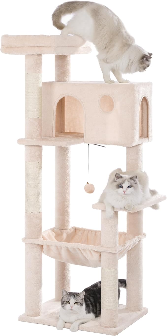 54” Cat Tree with Big Hammock 21x17” XL Cat Tower with Scratching Posts Featuring Large Top Bed, Scratcher Pad, Spacious Condo House and Detectable Ball for Indoor Cats-Large Beige