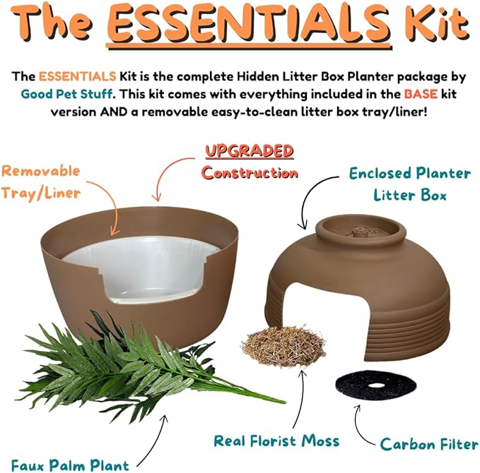 Good Pet Stuff Hidden Litter Box Planter, Decorative Cat Litter Enclosure with Carbon Filter, Artificial Plant, Easy Clean, Removable Liner, Round Style, Essentials Kit, Chestnut Brown